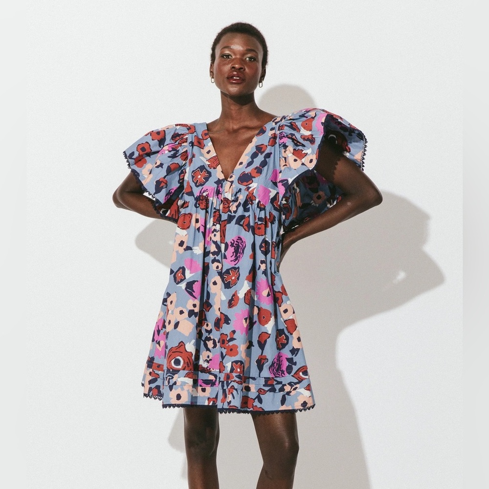 Cleobella Georgianna Organic Cotton Floral Multicolored Mini Dress Poplin Sz S